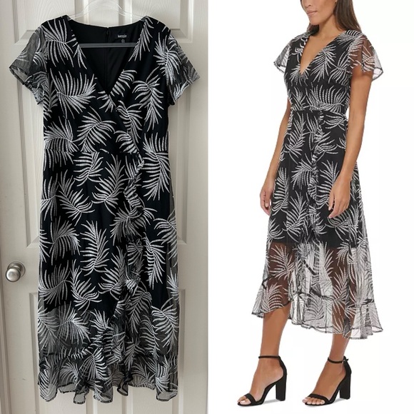 Kensie Embroidered-Palm V-Neck Mesh Midi Dress - Picture 1 of 12